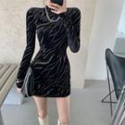 Long-sleeve Mock-neck Zebra Print Mini Sheath Dress