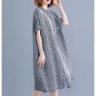 Elbow-sleeve Gingham Buttoned Dress