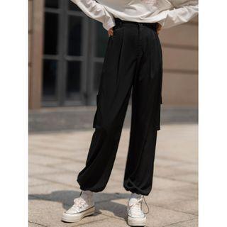 High-waist Plain Cargo Tied Ankle Pants