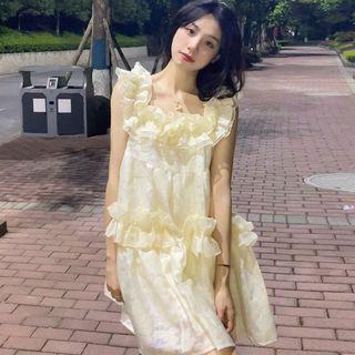 Sleeveless Ruffle Trim Mini A-line Dress Dress - Light Yellow - One Size