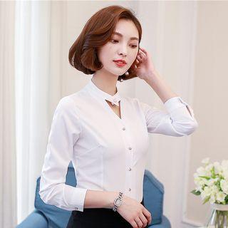 Keyhole Neck Long-sleeve Blouse