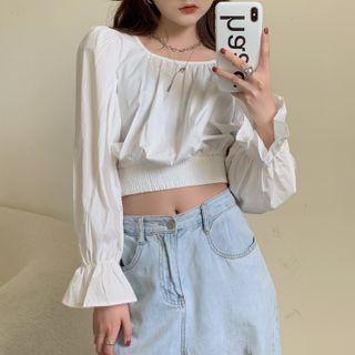Flare-sleeve Cropped Blouse White - One Size