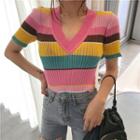Striped Short-sleeve V-neck Knit Top As Shown In Figure - One Size