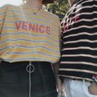 Couple Matching Elbow-sleeve Striped Lettering T-shirt