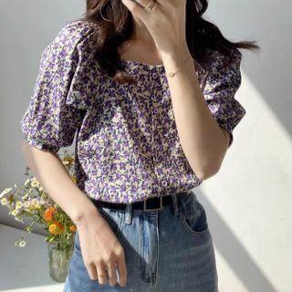 Chiffon Square-neck Floral Short-sleeve Top