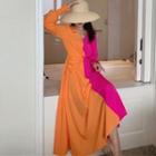 Long-sleeve Two-tone Ruched Midi A-line Dress