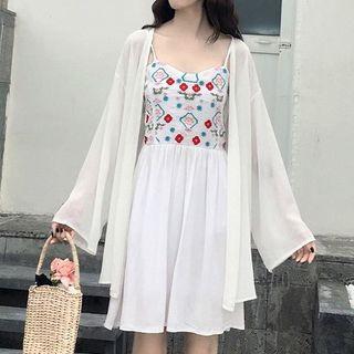 Plain Light Jacket / Embroidered Panel Spaghetti Strap A-line Dress