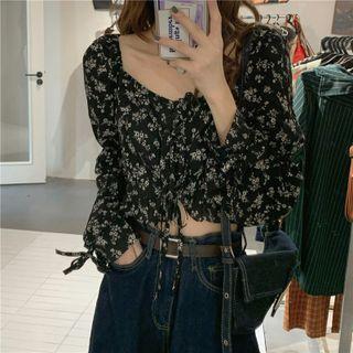 Long-sleeve Floral Print Bow Crop Top