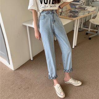 High-waist Plaid-cuff Jeans