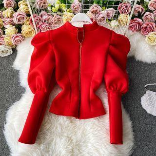 Puff-sleeve Stand-collar Zip-front Shirt