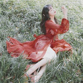 Set: Spaghetti Strap Floral Dress + Long Light Jacket