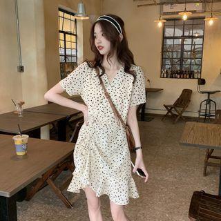 Short-sleeve Dotted Drawstring Sheath Dress Floral - Beige - One Size