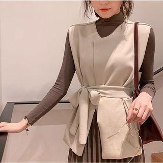 Set: Long-sleeve Mock Neck Knit Top + Tie Waist Vest + A-line Midi Pleated Skirt