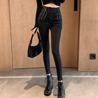 High-waist Studded Slim Jeans