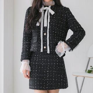 Set: Pleated Trim Tweed Jacket + Mini Skirt