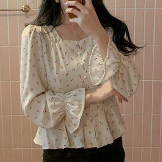 Cherry Print Lace Trim Blouse Almond - One Size