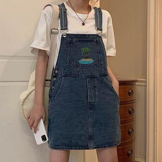 Embroidered Denim Mini Pinafore Dress