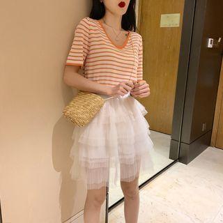 Striped Knit Top / Layered Mesh Mini Skirt