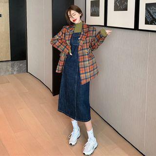 Double Breasted Plaid Blazer / Sleeveless Denim Midi Dress / Mock-neck Knit Top