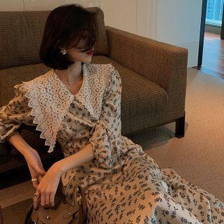 Long Sleeve Lace Collared Floral Chiffon Dress