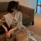 Long Sleeve Lace Collared Floral Chiffon Dress