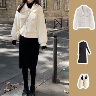 Mock Neck Knit Dress / Plain Jacket / Set