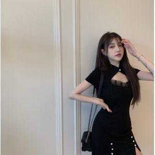 Cut-out Mandarin Collar Short-sleeve Mini Sheath Dress