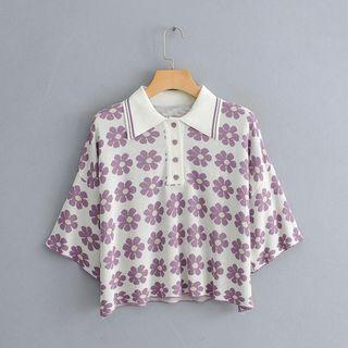 Floral Short-sleeve Knit Polo Shirt