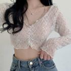Shirred-front Long-sleeve Lace Cropped Top