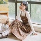 Long-sleeve Knit Top / Floral Print Midi A-line Pinafore Dress / Set