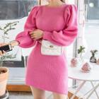 Puff-sleeve Mini Sheath Sweater Dress Pink - One Size