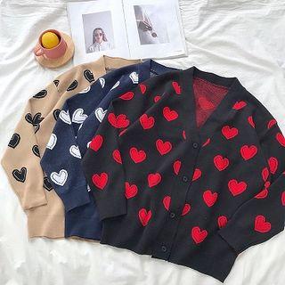 Heart Printed V-neck Long-sleeve Knit Cardigan