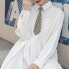 Neck Tie Long-sleeve A-line Shirt Dress White - One Size