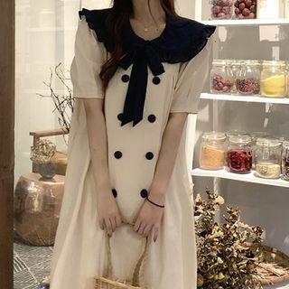 Short-sleeve Tie Neck A-line Dress Almond - One Size