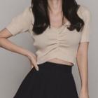 Short-sleeve Cropped Knit Top Almond - One Size