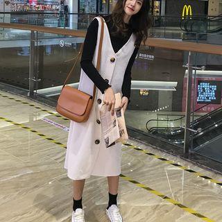 Long-sleeve Knit Top / V-neck Midi Knit Pinafore Dress / Set