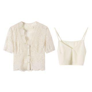 Set:plain V Neck Lace Puff Short Sleeve Crop Top+plain V Neck Tank Top