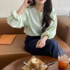 Long-sleeve Plain Blouse Green - One Size