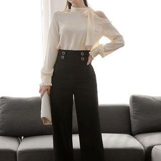 Set: Long-sleeve Blouse + Wide-leg Dress Pants
