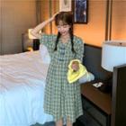 Short-sleeve Frog Button Plaid Midi A-line Dress