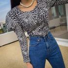 Puff-shoulder Leopard Cropped Top Black - One Size