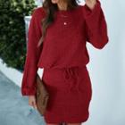 Hollow Out Long-sleeve Knit Mini Sheath Dress