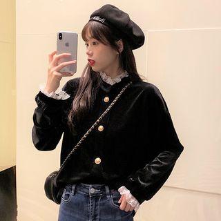 Long-sleeve Lace-trim Buttoned Velvet Top Black - One Size