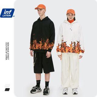 Unisex Fire-print Loose Hoodie