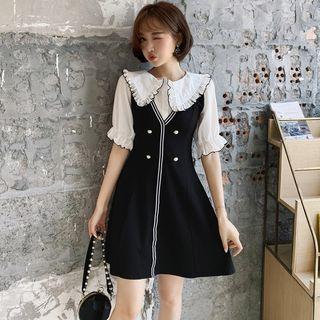 Elbow-sleeve Frill Trim Color Block Wide Collar A-line Mini Dress
