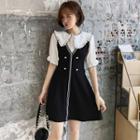 Elbow-sleeve Frill Trim Color Block Wide Collar A-line Mini Dress