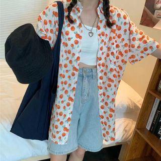 Short-sleeve Polka Dot Long Shirt White & Orange - One Size