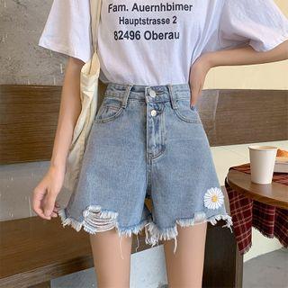 Frayed Floral Embroidered Denim Shorts