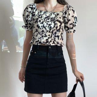 Puff-sleeve Floral Print Blouse / A-line Denim Skirt