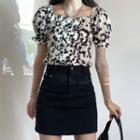 Puff-sleeve Floral Print Blouse / A-line Denim Skirt